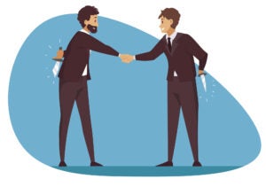 Betrayal, business, deal, greeting, competition concept. Lie deception and corporate dishonesty illustration. Businessmen leaders entrepreneurs making agreement holding concealing knives behind backs.