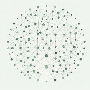 create a network of points with nodes and connections, plain white background; use variations of green and grey for the dots and the connctions; 85% empty space