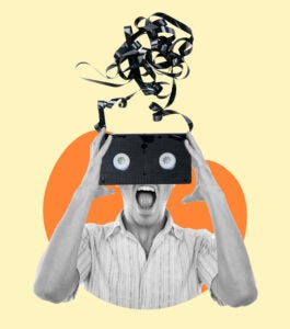 Creative template collage of furious man headless with tangled tape record suffer psychological problem stress solving difficulty